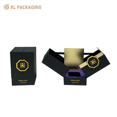 comprar Caixa de papel de perfume de fechamento magnético de porta dupla ouro preto acabamento de luxo inserção de espuma EVA Fabricação em linha