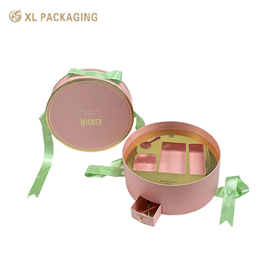 comprar Caixas de luxo personalizadas, por atacadoCaixas de papel cosmético redondo com design exclusivo, caixinha de mini gaveta, alça de fita verde e bandeja de ouro para produtos de beleza. online manufacture