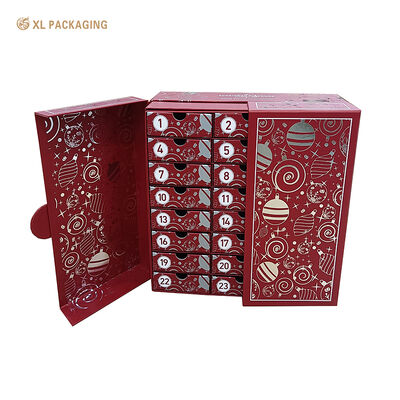 comprar Caixa de Calendário do Advento Vermelha de Luxo com Hot Stamping Prateado Completo e Fecho Magnético para 24 Gavetas Independentes Fabricação em linha
