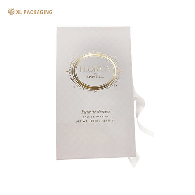 comprar Book Shape Perfume Gift Box with White Ribbon, Embossed & Hot Stamping Gold Luxury Fragrance Packaging Box Fabricação em linha