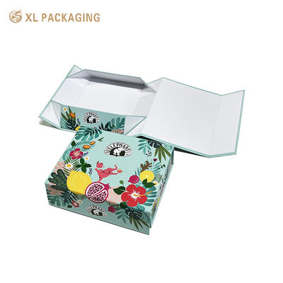 Caixa de presente dobrável de papelão reciclado com estampa floral tropical personalizada e fecho magnético oculto