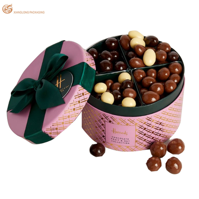 Caixa de chocolate de cilindro rosa de luxo Papel rígido doces Macarrão de cima para baixo embalagem de tubo com fita