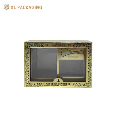 Caixa-presente de ouro rígido personalizada de duas peças com janela PET, 2 mm de quadro cinza conjunto de cuidados com a pele Caixa de embalagem para sabão de loção corporal com inserção de PET