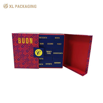 Caixa Personalizada de Calendário do Advento com Duas Portas para Temperos, Logo em Hot Stamping Dourado, 24 Gavetas de Tamanhos Mistos em Azul Marinho com Números em Hot Stamping Dourado