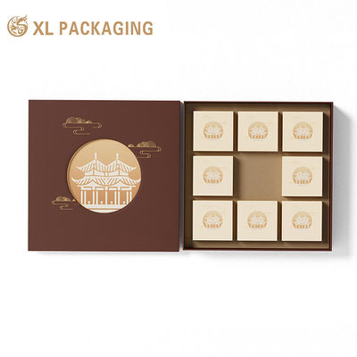 Caixa de Presente Personalizada de Bolo Lunar Estilo Chinês com Janela Vazada e Estampagem a Quente Dourada em Cartão Rígido Espesso