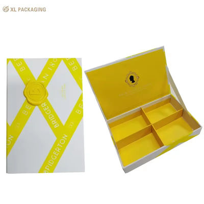 Caixa de presente magnética personalizada do sabão do livro com selo da cera da resina, fita dobro puxar 4 compartimentos divisor caixa de empacotamento feita sob encomenda do sabão do banho