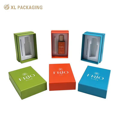 Custom Luxury Green 3-Piece Rigid Fragrance Packaging Box Impressão de logotipo branco, bandeja EVA com ranhuras separadas para perfume e cartão, vários estilos de caixa e espuma interna