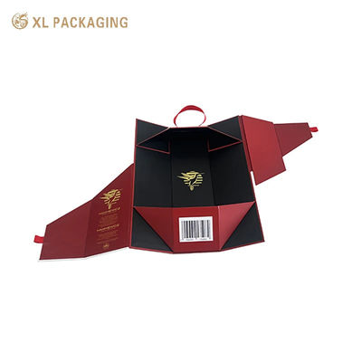 Caixa de presente de vinho dobrável de luxo com logotipo de papel de prata e alça de fita para champanhe