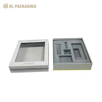 Factory Custom Two Pieces Rigid Window Gift Box Ribbon Bow, Custom Grey Flocked Blister Insert para embalagens cosméticas para cuidados com a pele