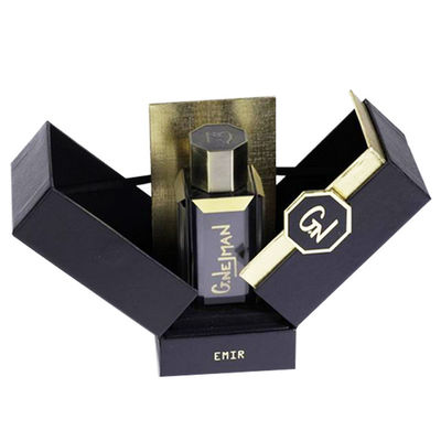 Caixa de presente de perfume com abertura de duas portas personalizada com inserção de espuma e placa de logotipo