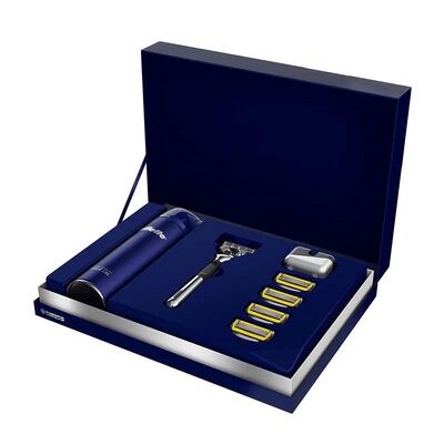 Caixa de empacotamento de papel com tampa ligada articulada azul escuro com fita para coleção de presentes de comida de chá